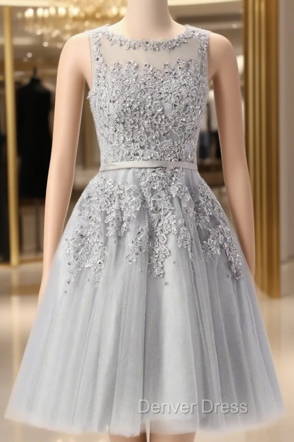 Gray Lace Short Beaded Homecoming Dresses Main image