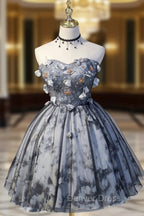 Gray Lace Strapless Short Prom Dress, A Line Sweetheart Neckline Prom Dresses