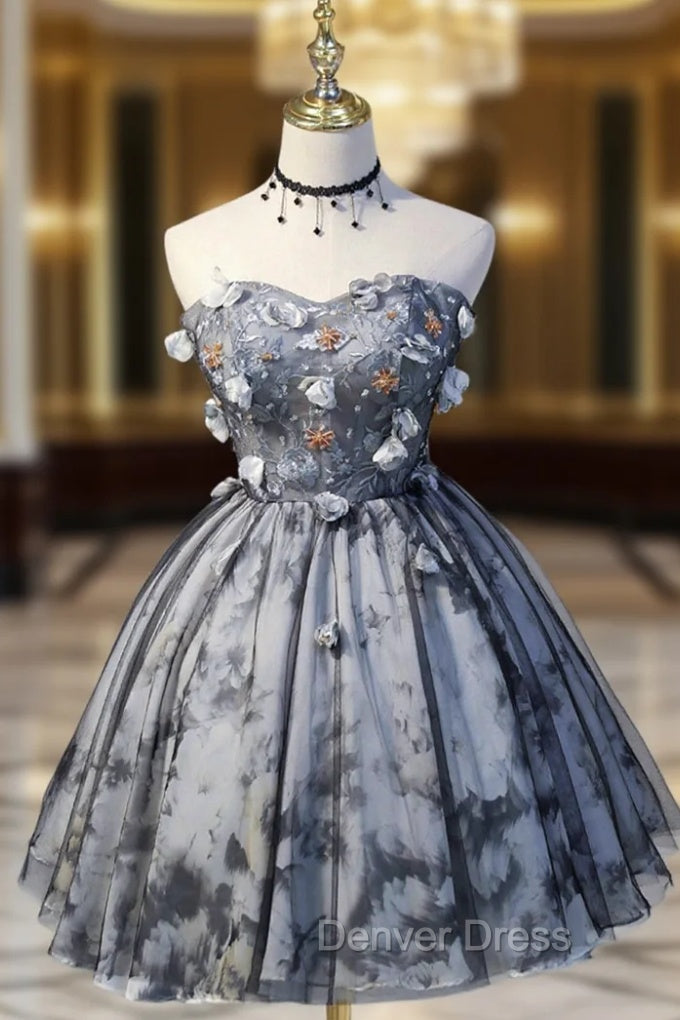 Gray Lace Strapless Short Prom Dress, A Line Sweetheart Neckline Prom Dresses