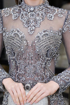 Gray Long Sleeve Mermaid Prom Dress With Sequins High Neck Prom Dresses