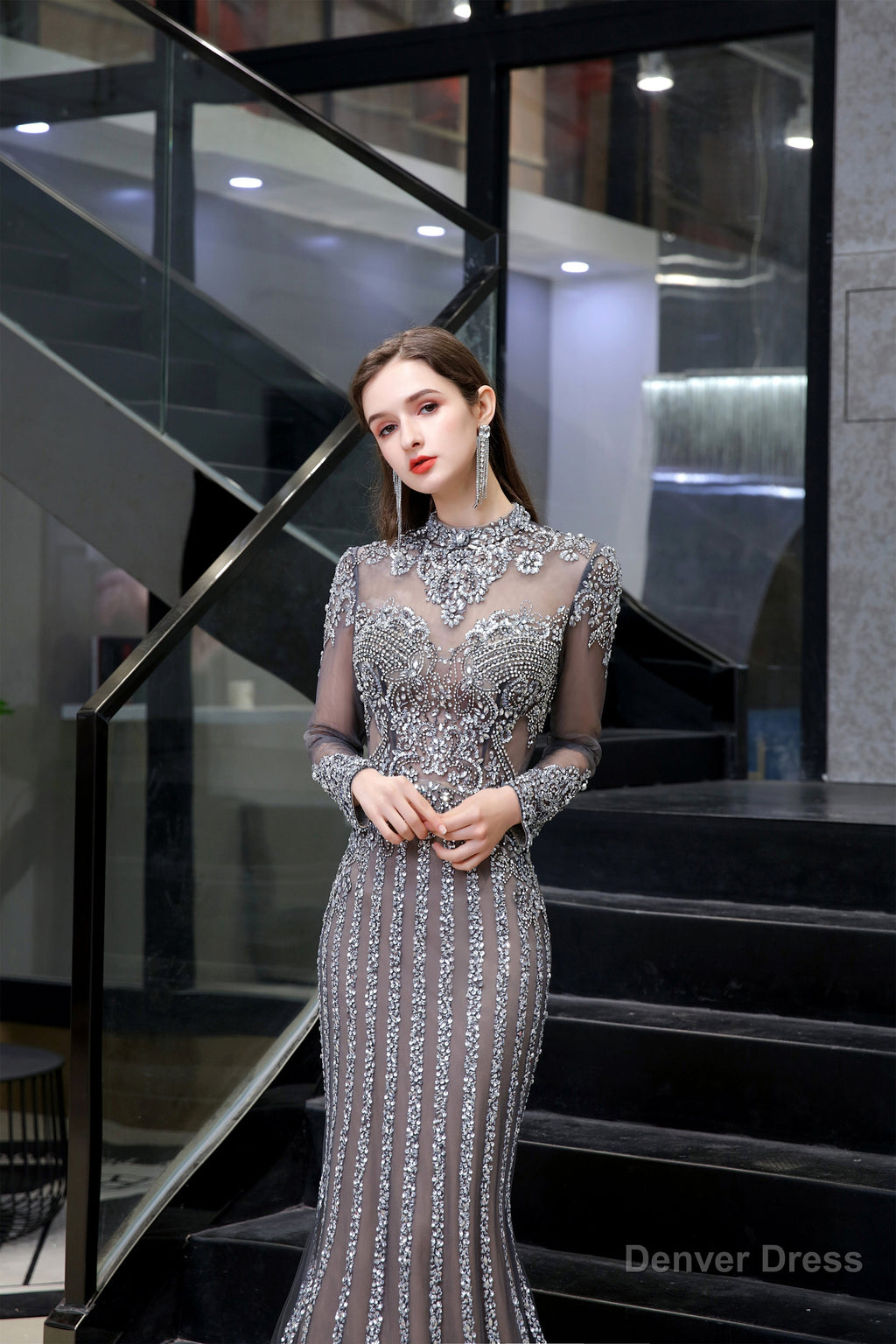 Gray Long Sleeve Mermaid Prom Dress With Sequins High Neck Prom Dresses