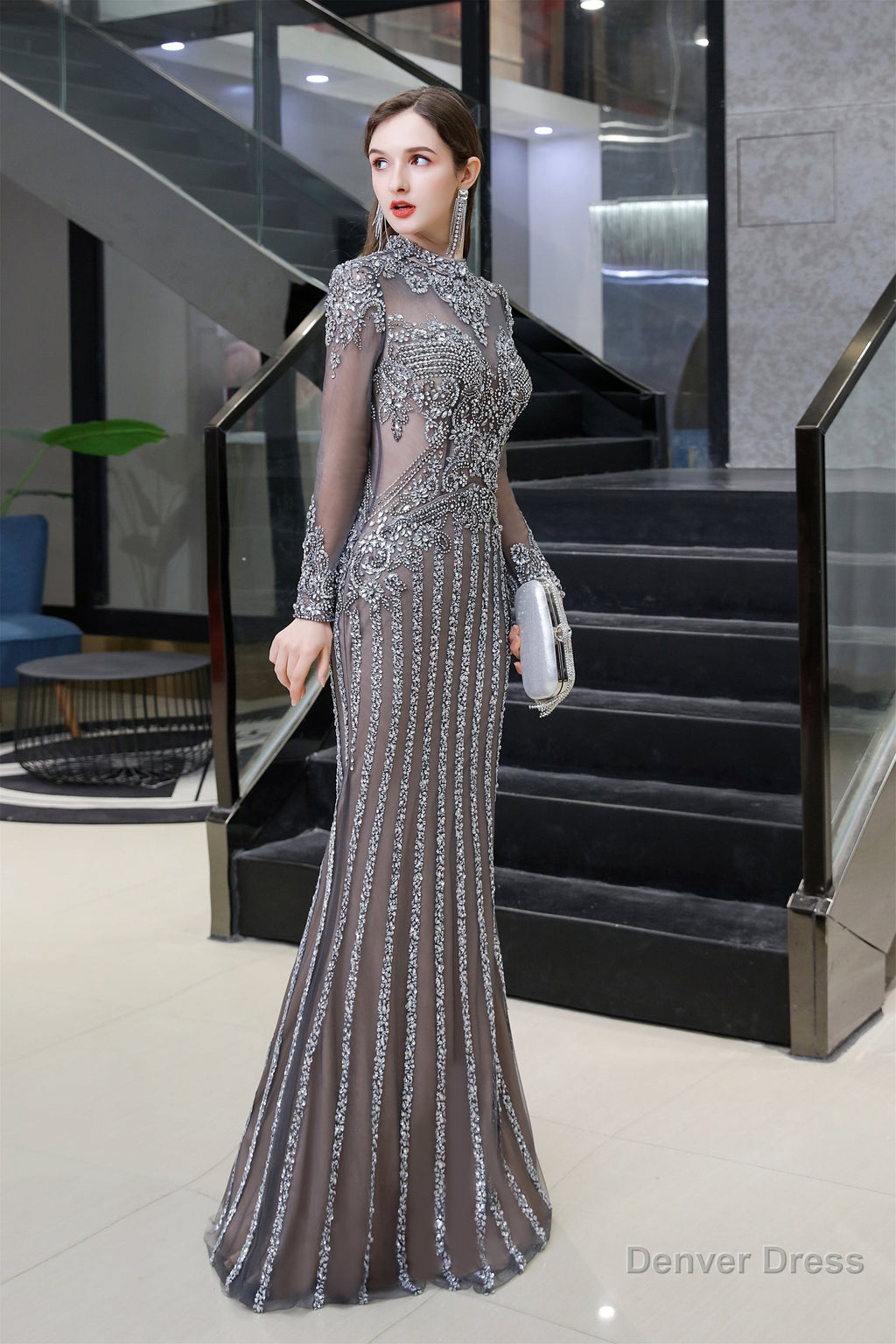 Gray Long Sleeve Mermaid Prom Dress With Sequins High Neck Prom Dresses