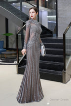 Gray Long Sleeve Mermaid Prom Dress With Sequins High Neck Prom Dresses