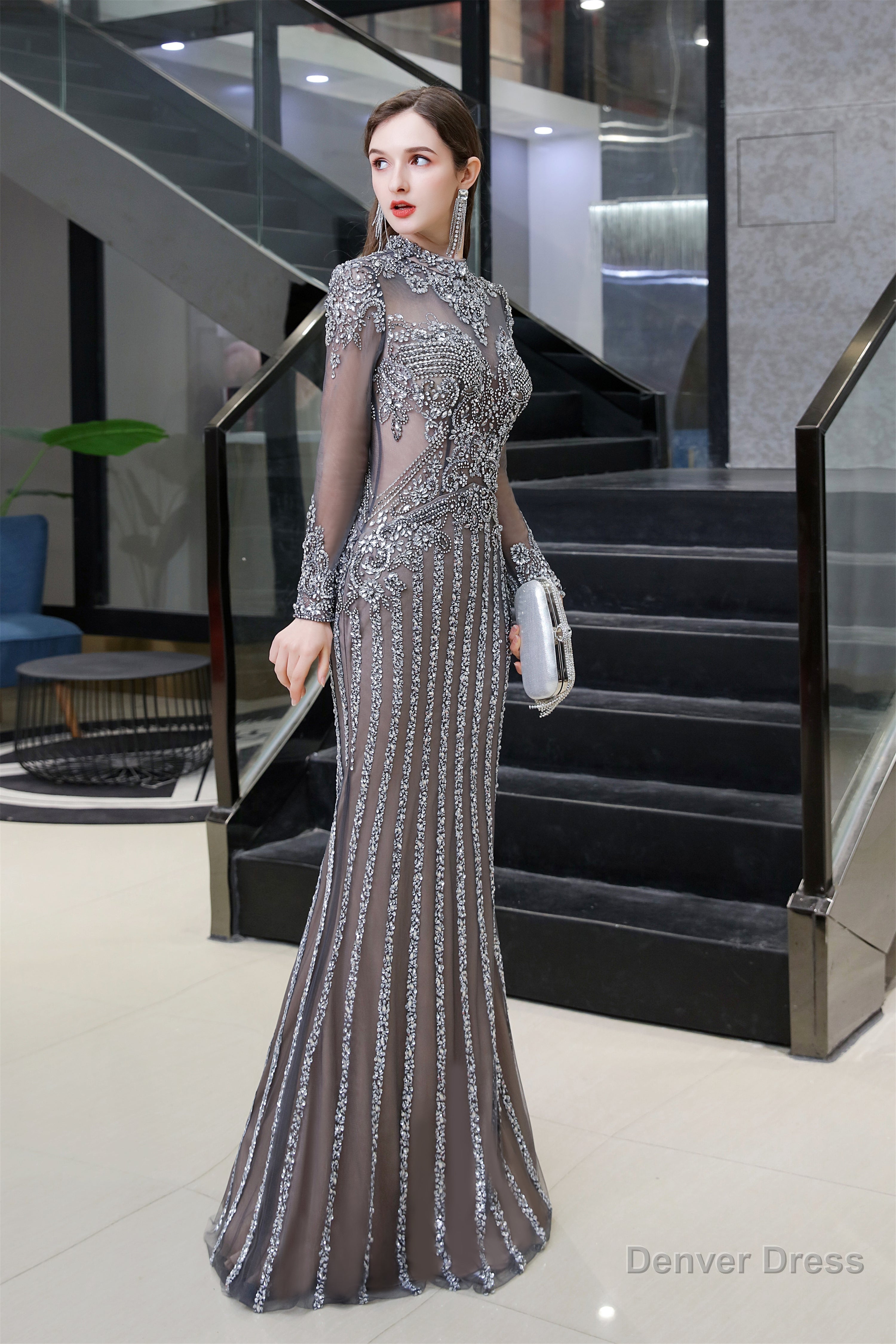 Gray Long Sleeve Mermaid Prom Dress With Sequins High Neck Prom Dresses