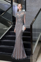 Gray Long Sleeve Mermaid Prom Dress With Sequins High Neck Prom Dresses