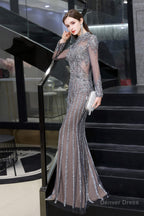 Gray Long Sleeve Mermaid Prom Dress With Sequins High Neck Prom Dresses