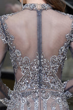 Gray Long Sleeve Mermaid Prom Dress With Sequins High Neck Prom Dresses