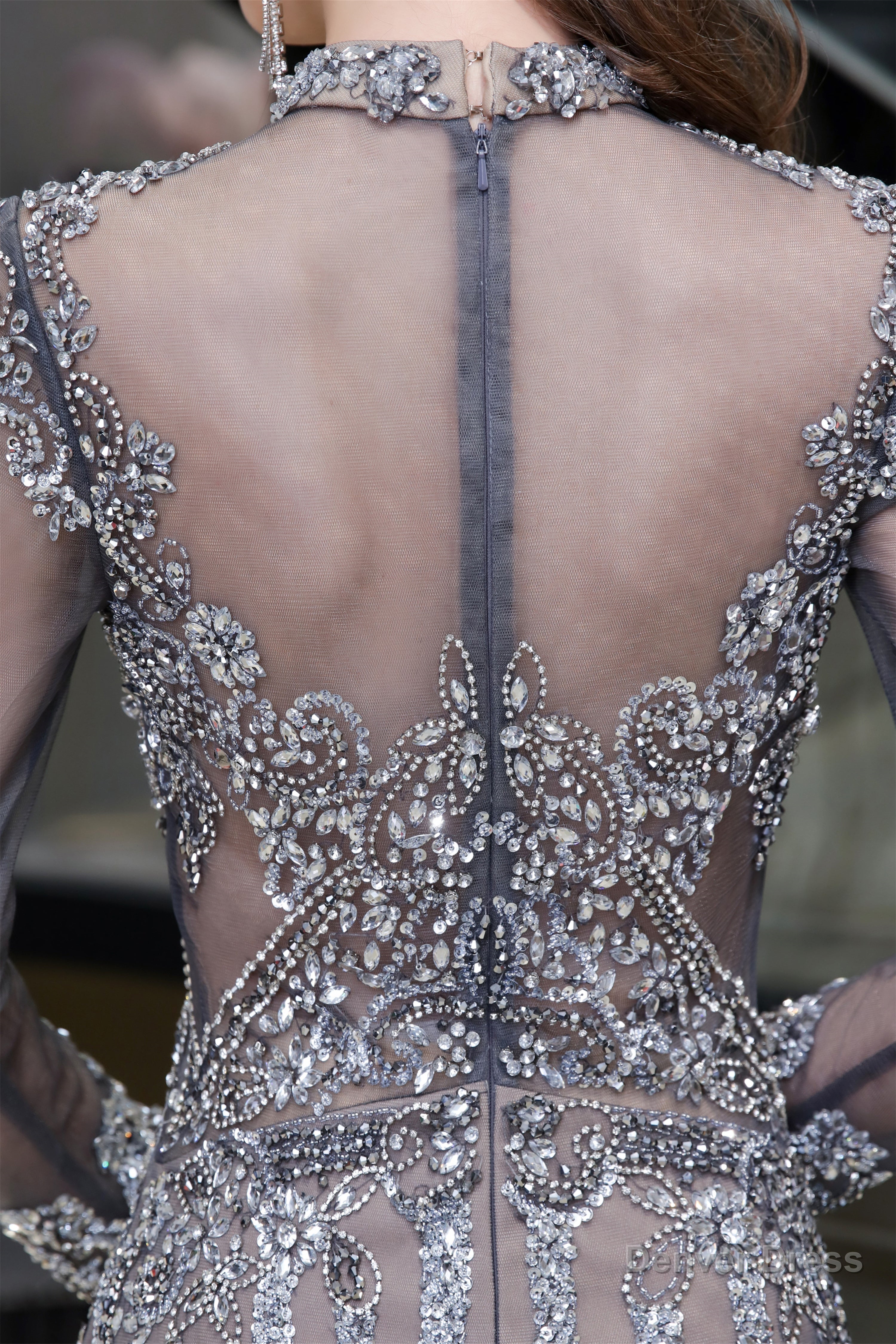 Gray Long Sleeve Mermaid Prom Dress With Sequins High Neck Prom Dresses