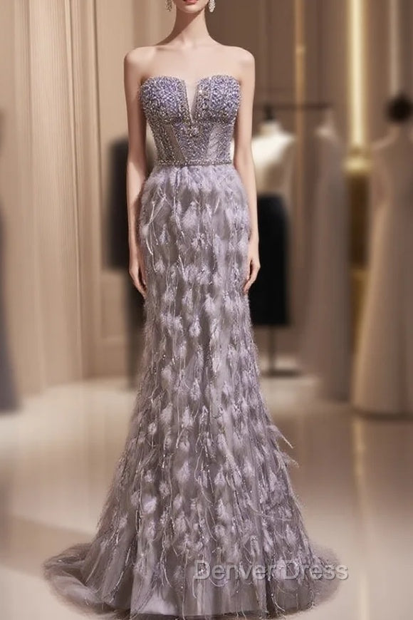 Gray Mermaid Strapless Feahther Beading Prom Dresses
