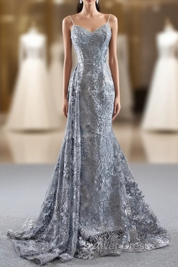 Gray Mermaid Tulle Embroidery Spagehtti Straps Pearls Prom Dresses