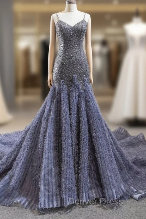 Gray Mermaid Tulle Sequins Spaghetti Straps Beading Prom Dresses With Train
