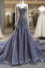 Gray Mermaid Tulle Sequins Spaghetti Straps Beading Prom Dresses With Train