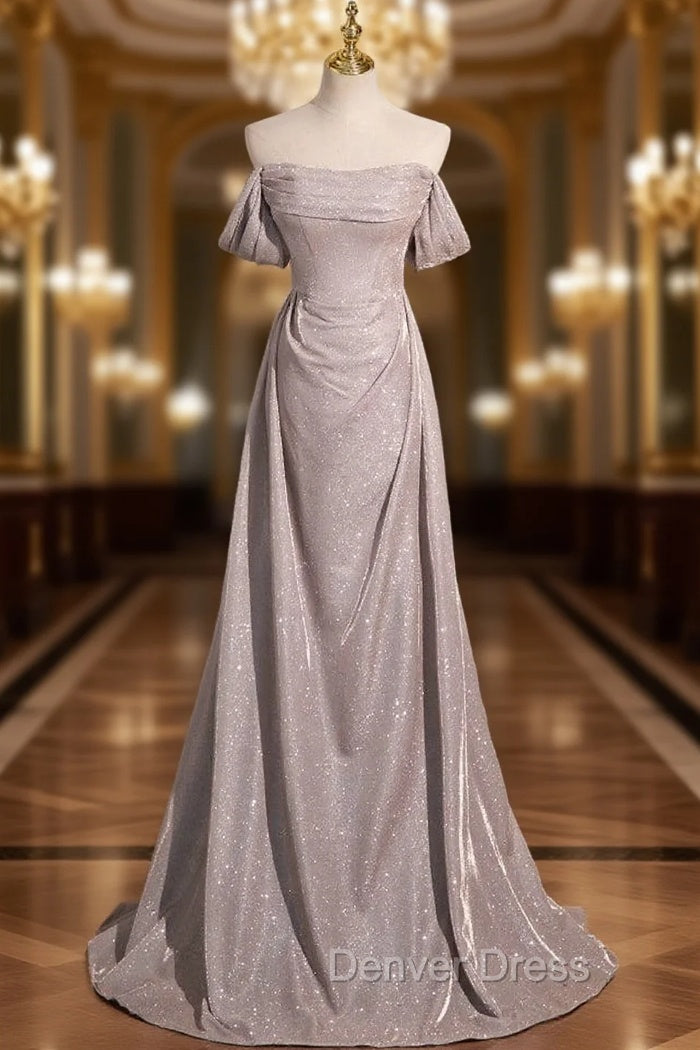 Gray Off the Shoulder Pleats Prom Dresses Main image