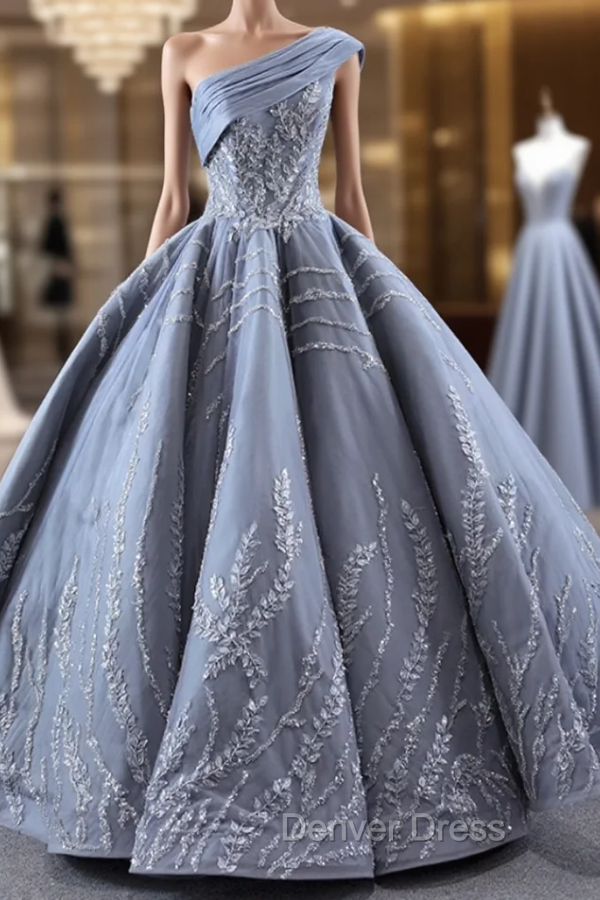 Gray One Shoulder Appliques Beading Prom Dresses Main image