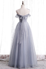 Gray One Shoulder Tulle Long Prom Dress Gray Tulle Evening Dress
