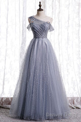 Gray One Shoulder Tulle Long Prom Dress Gray Tulle Evening Dress