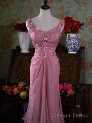 Gray Pink Retro Mermaid V-Neck Chiffon Beaded Long Prom Dress Sweet Applique Birthday Dress