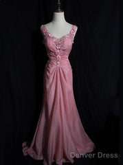 Gray Pink Retro Mermaid V-Neck Chiffon Beaded Long Prom Dress Sweet Applique Birthday Dress