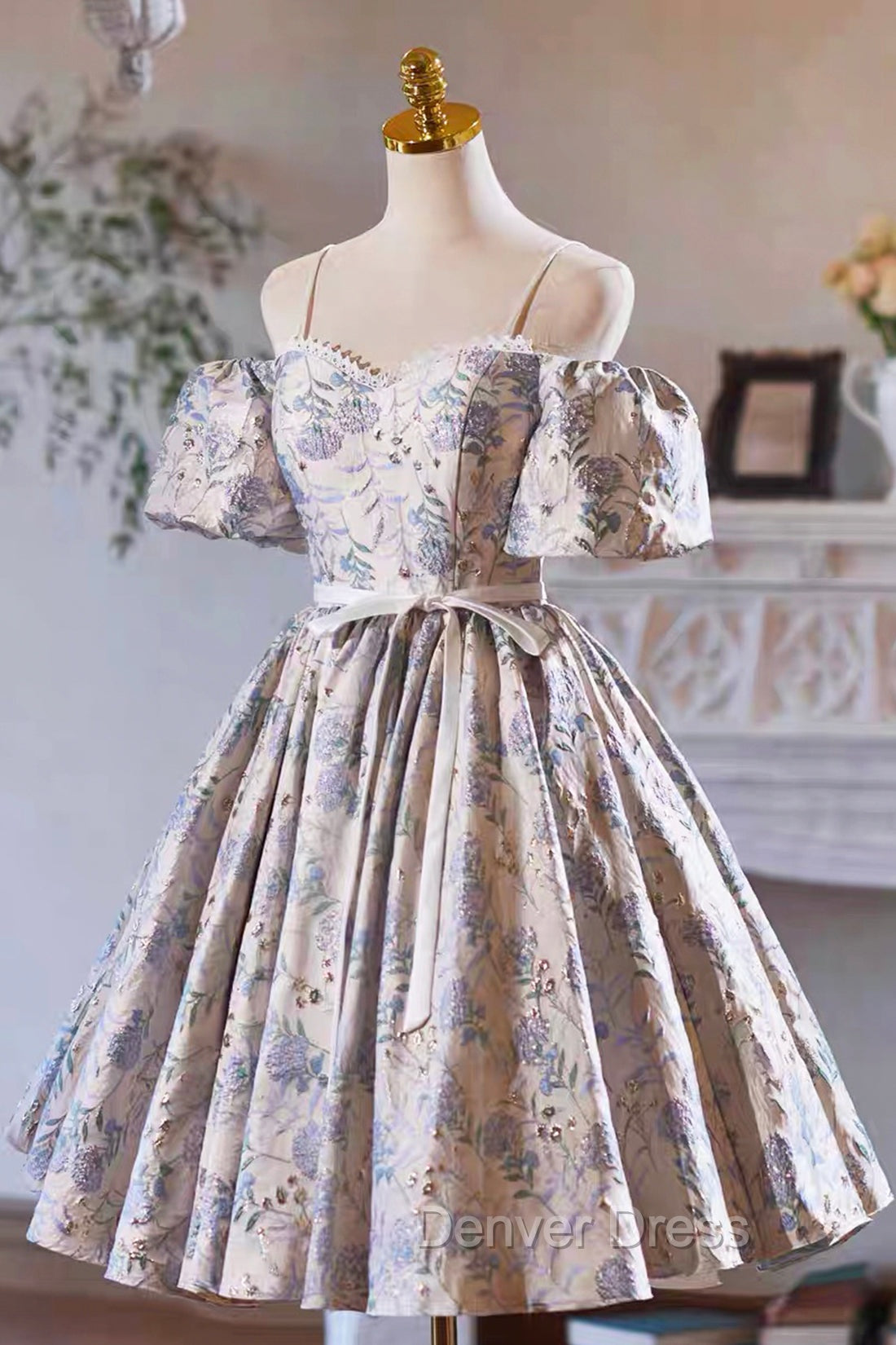 Gray Print Short Prom Dresses Dresses, Lovely Spaghetti Strap Evening Party Dresses