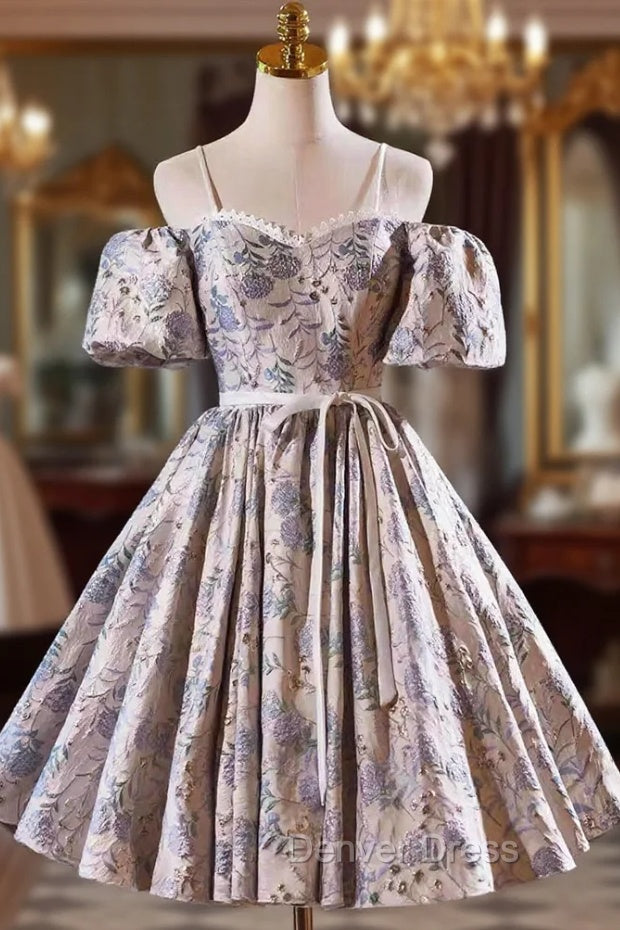 Gray Print Short Prom Dresses Dresses, Lovely Spaghetti Strap Evening Party Dresses Main image