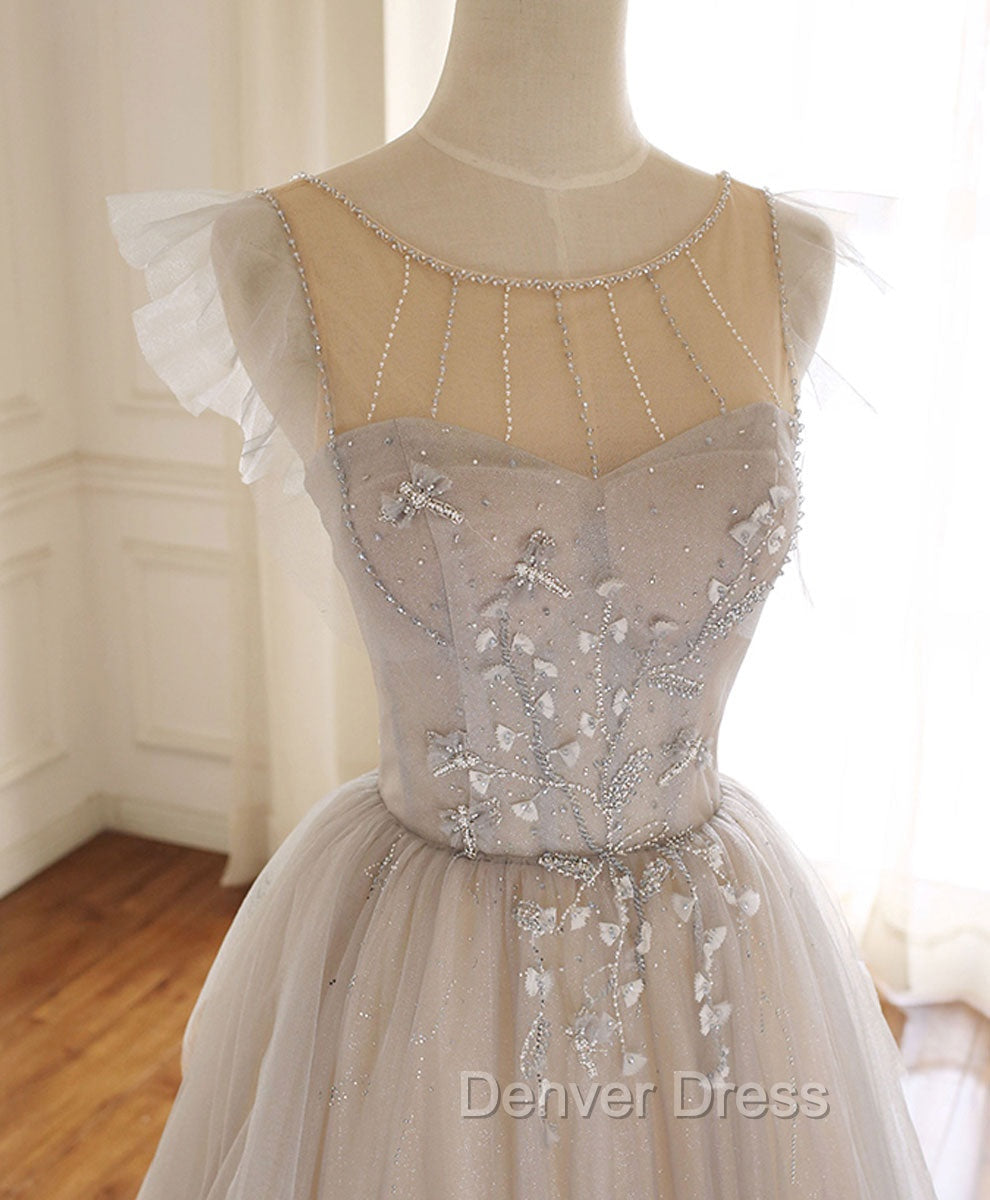 Gray Purple Round Neck Tulle Long Prom Dresses, A line Formal Graduation Dresses Secondary image