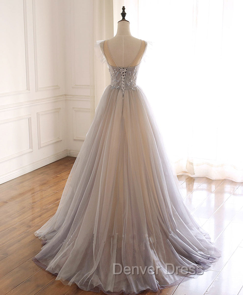 Gray Purple Round Neck Tulle Long Prom Dresses, A line Formal Graduation Dresses