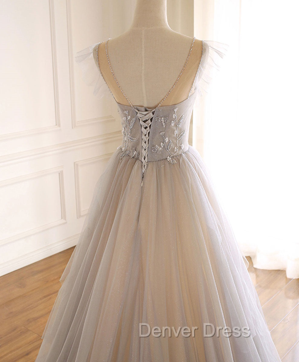 Gray Purple Round Neck Tulle Long Prom Dresses, A line Formal Graduation Dresses