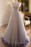 Gray Purple Round Neck Tulle Long Prom Dresses, A line Formal Graduation Dresses