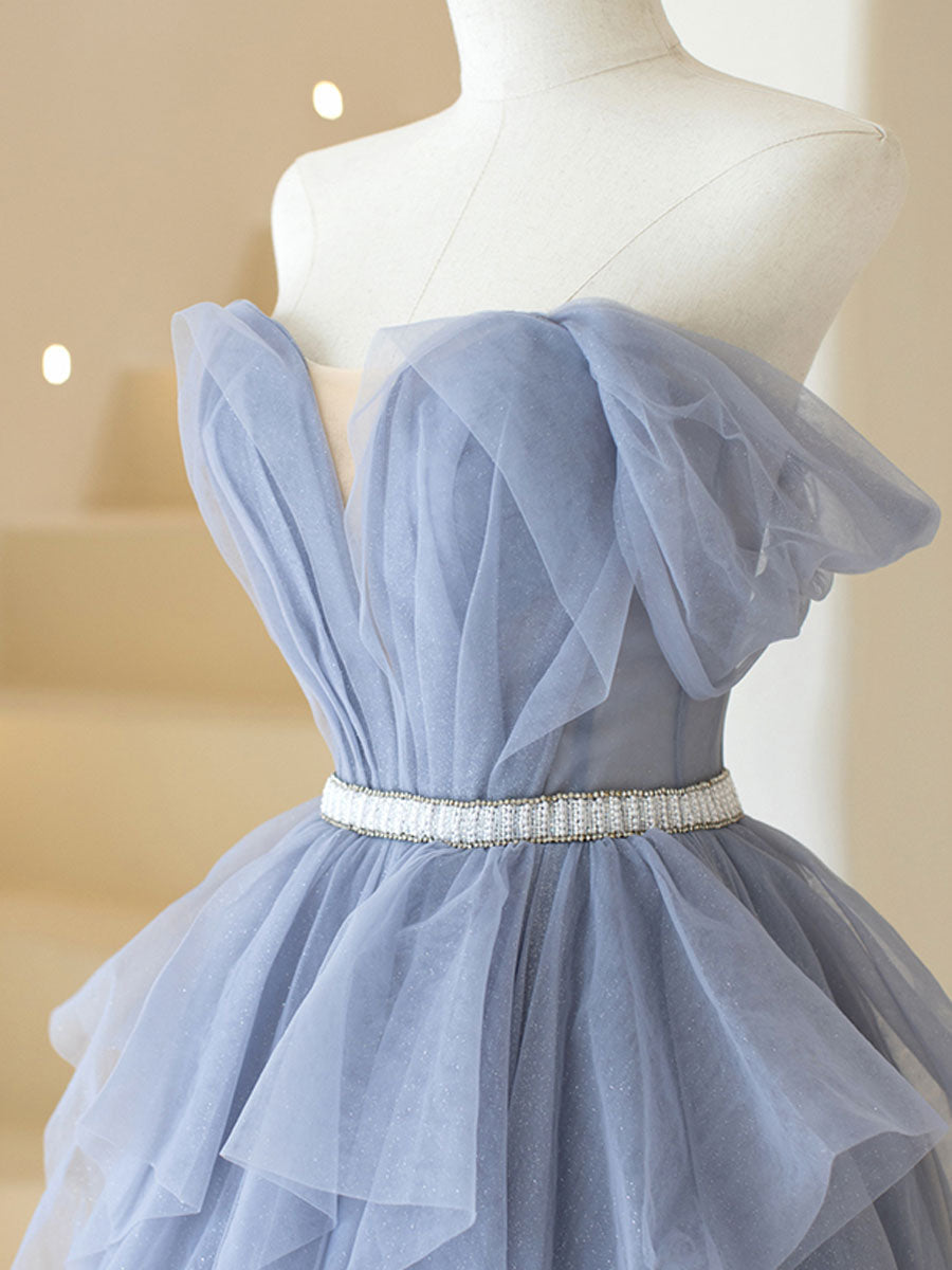 Gray Purple Tulle Long Prom Dresses, Purple A Line Evening Dresses
