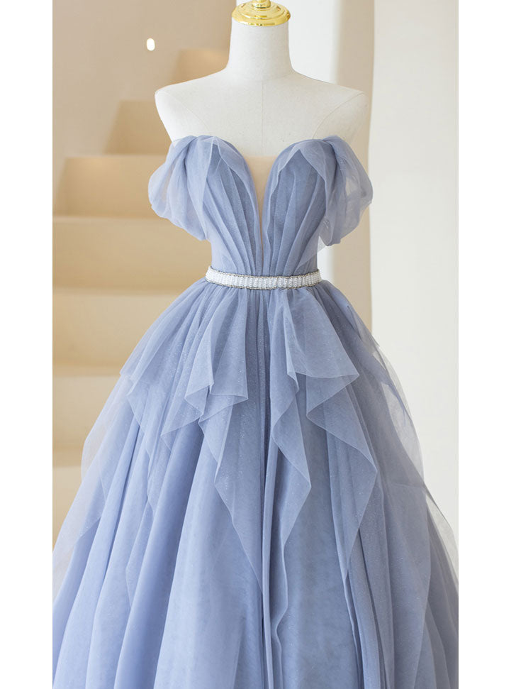 Gray Purple Tulle Long Prom Dresses, Purple A Line Evening Dresses