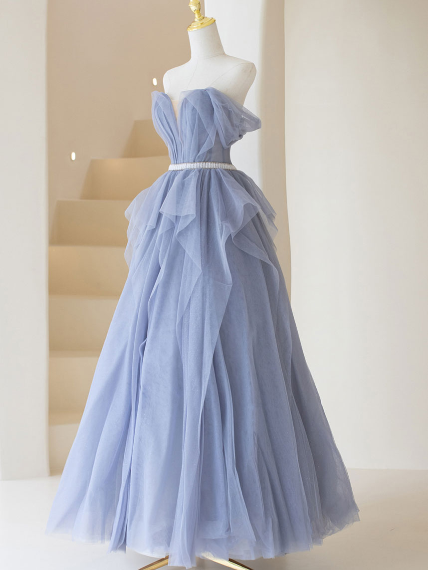 Gray Purple Tulle Long Prom Dresses, Purple A Line Evening Dresses