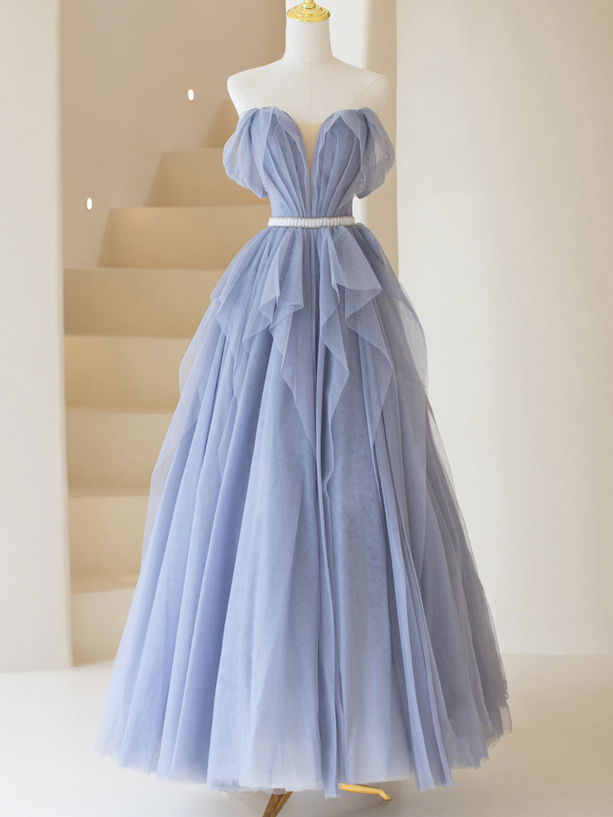 Gray Purple Tulle Long Prom Dresses, Purple A Line Evening Dresses Main image