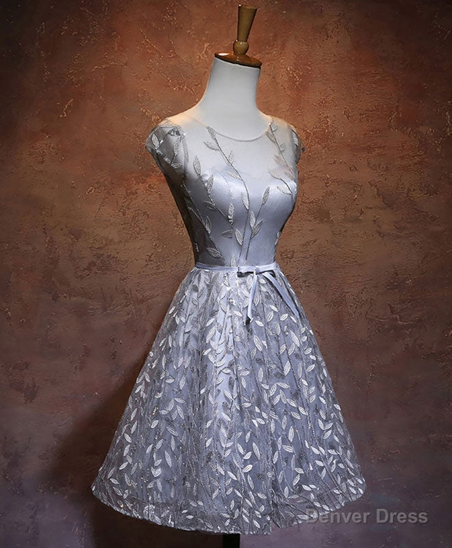 Gray Round Neck Lace Short Prom Dress,Cute Homecoming Dress Secondary image