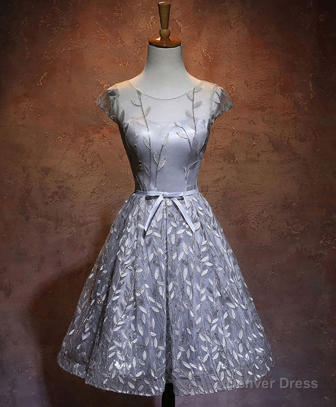 Gray Round Neck Lace Short Prom Dress,Cute Homecoming Dresses Main image