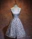 Gray Round Neck Lace Short Prom Dress,Cute Homecoming Dresses