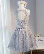 Gray Round Neck Lace Short Prom Dress, Cute Lace Homecoming Dresses
