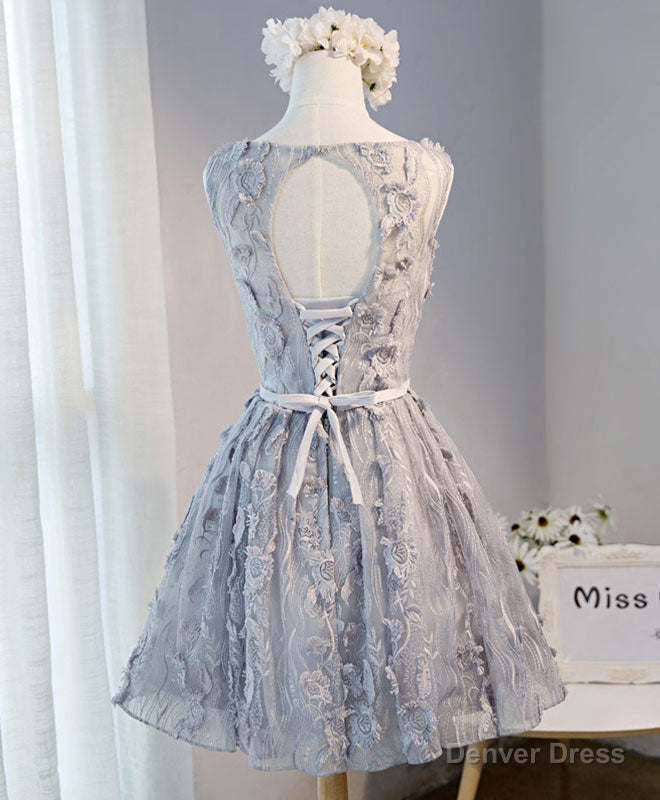 Gray Round Neck Lace Short Prom Dress, Cute Lace Homecoming Dresses