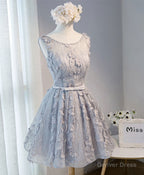 Gray Round Neck Lace Short Prom Dress, Cute Lace Homecoming Dress