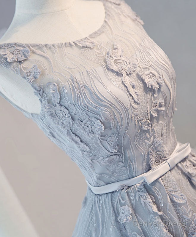 Gray Round Neck Lace Short Prom Dress, Cute Lace Homecoming Dresses