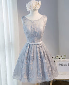 Gray Round Neck Lace Short Prom Dress, Cute Lace Homecoming Dresses
