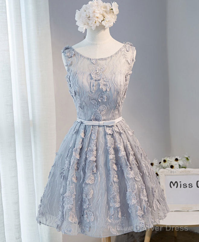 Gray Round Neck Lace Short Prom Dress, Cute Lace Homecoming Dresses