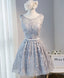 Gray Round Neck Lace Short Prom Dress, Cute Lace Homecoming Dresses
