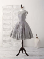 Gray Round Neck Lace Short Prom Dress Gray Bridesmaid Dresses