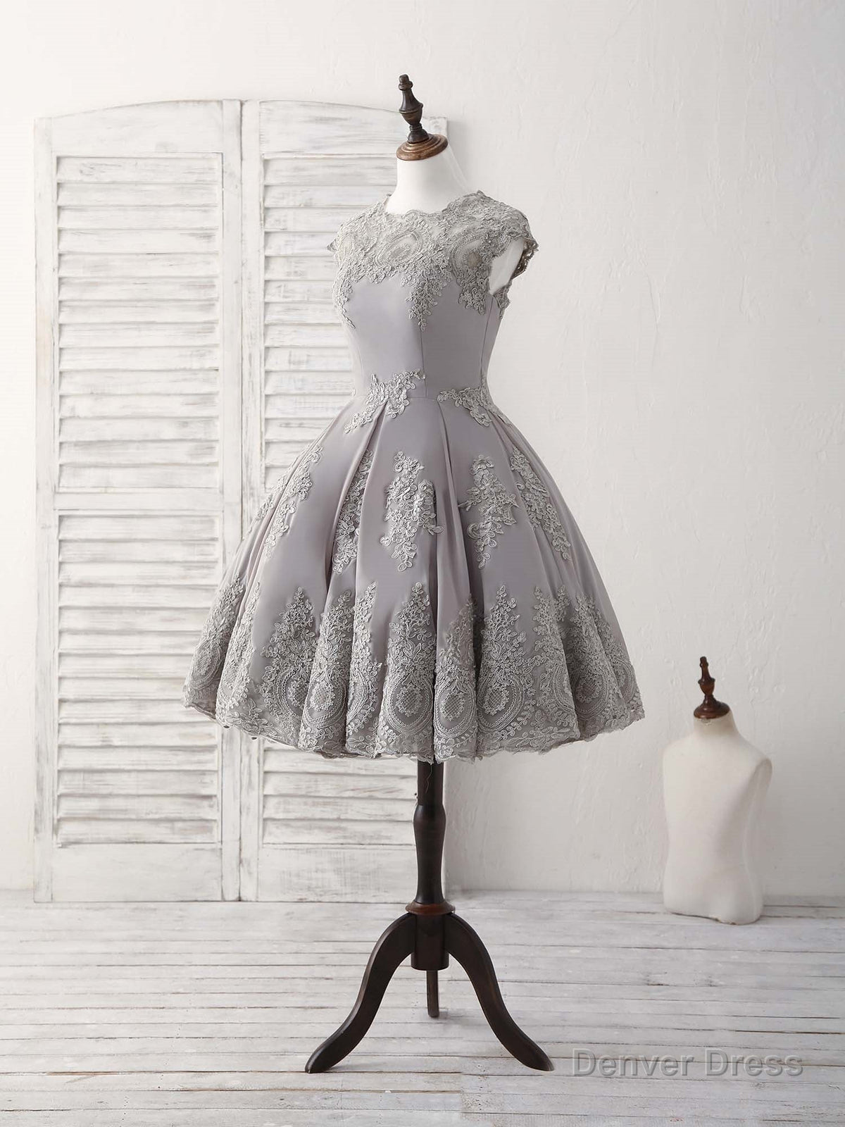Gray Round Neck Lace Short Prom Dress Gray Bridesmaid Dresses