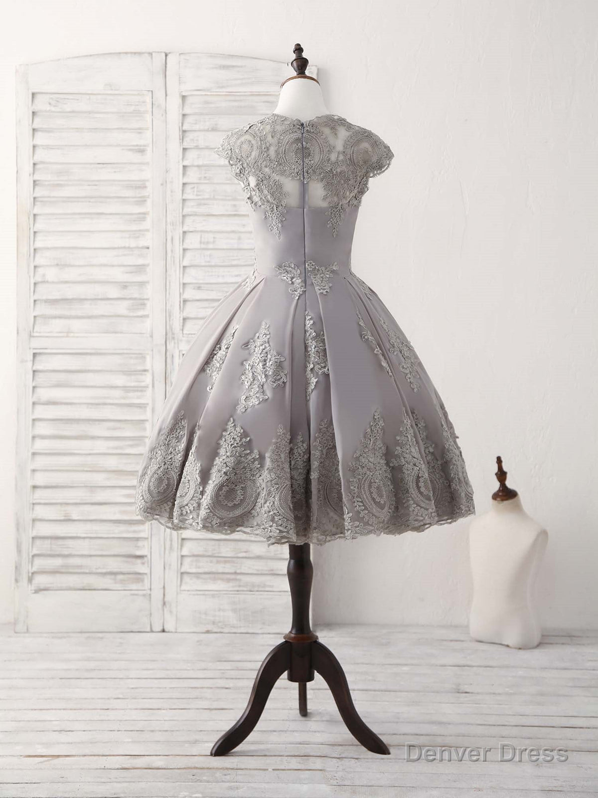 Gray Round Neck Lace Short Prom Dress Gray Bridesmaid Dresses