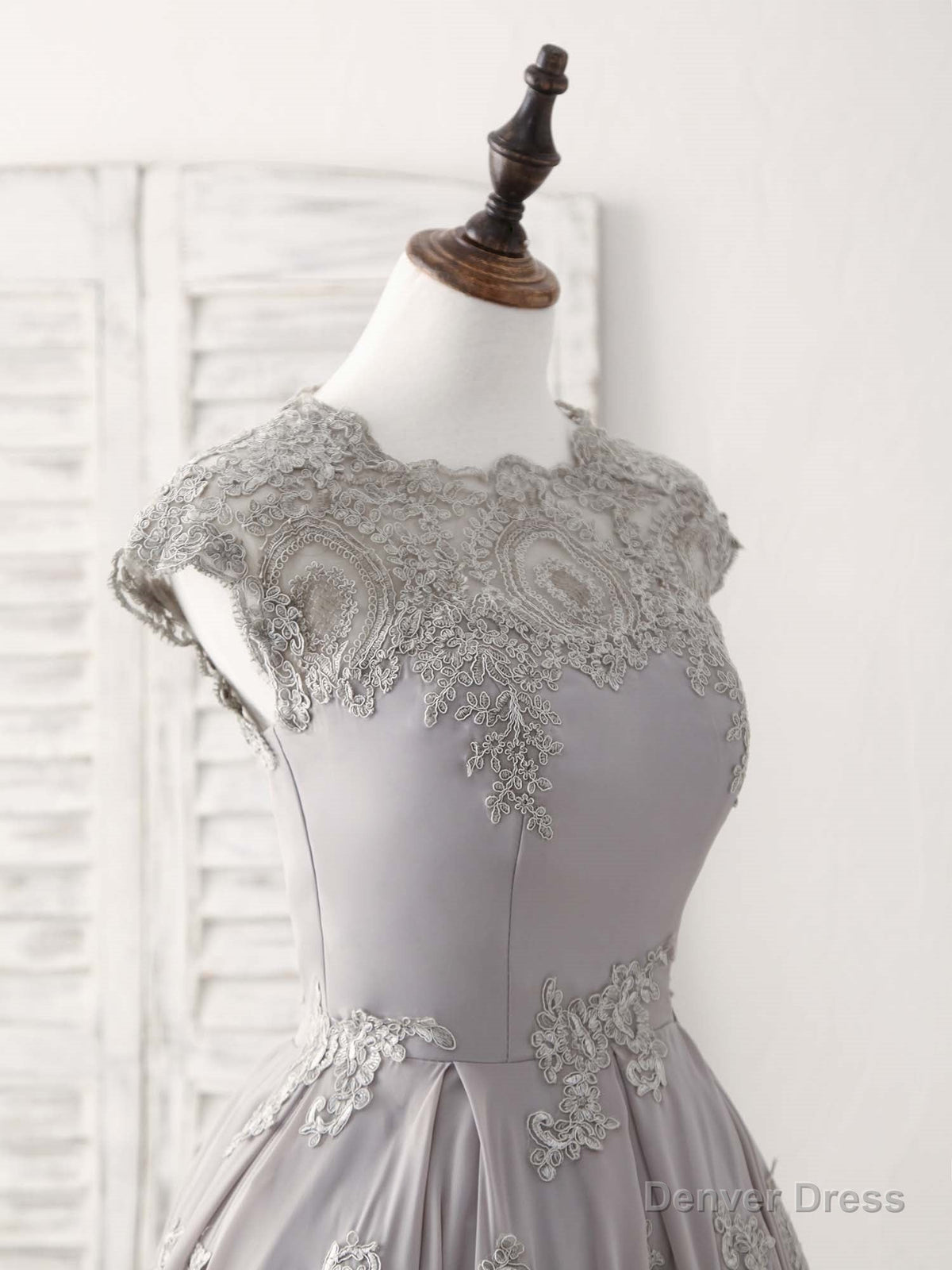 Gray Round Neck Lace Short Prom Dress Gray Bridesmaid Dresses