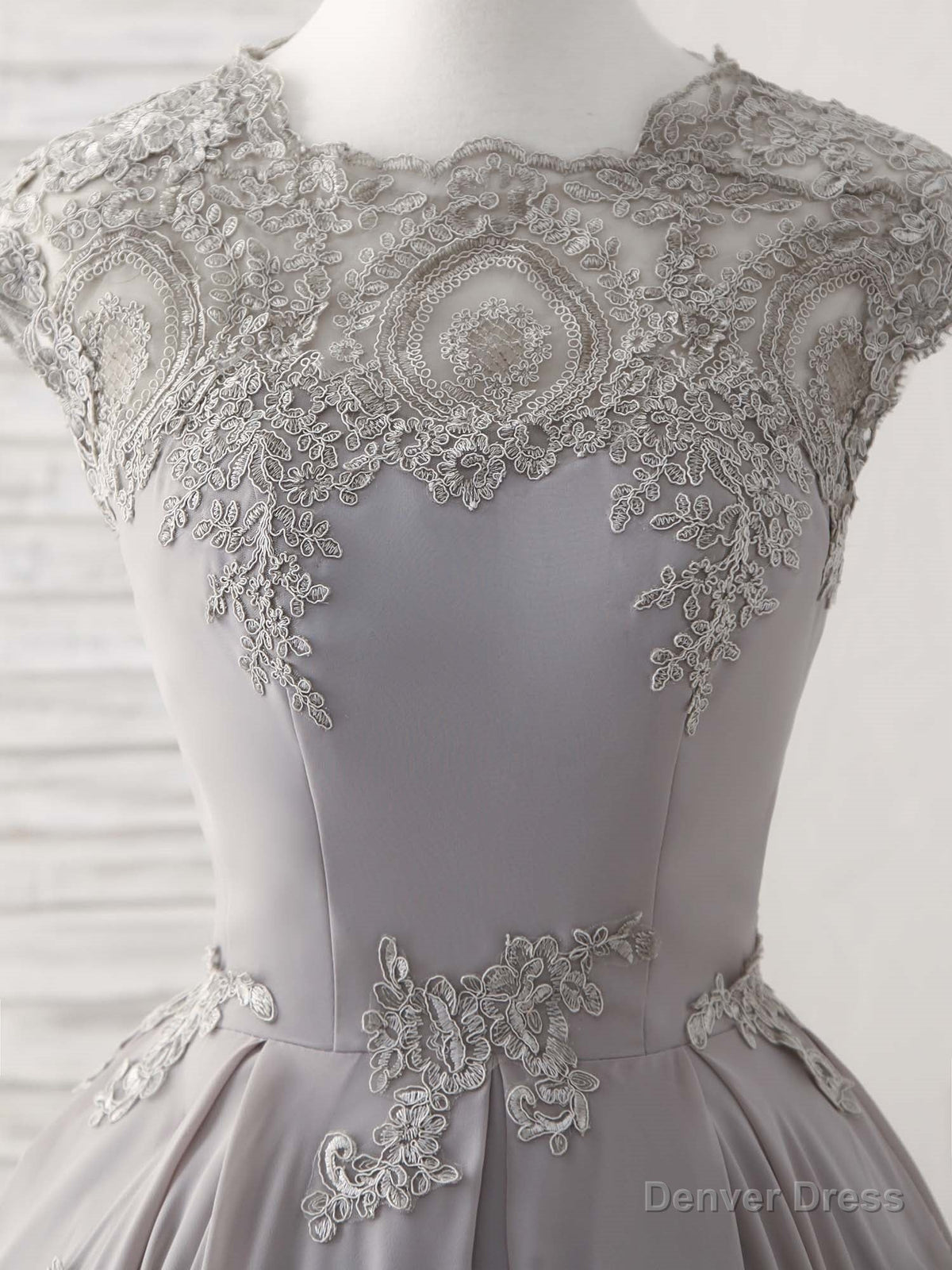 Gray Round Neck Lace Short Prom Dress Gray Bridesmaid Dresses