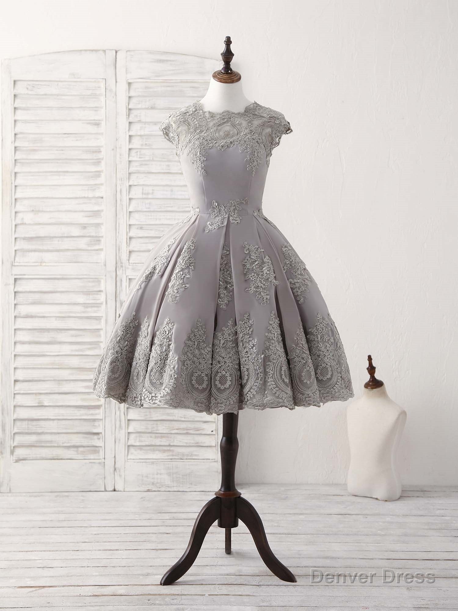 Gray Round Neck Lace Short Prom Dress Gray Bridesmaid Dresses Main image