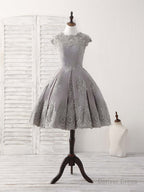 Gray Round Neck Lace Short Prom Dress Gray Bridesmaid Dresses