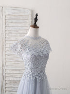 Gray Round Neck Lace Tulle Long Prom Dress, Gray Evening Dress